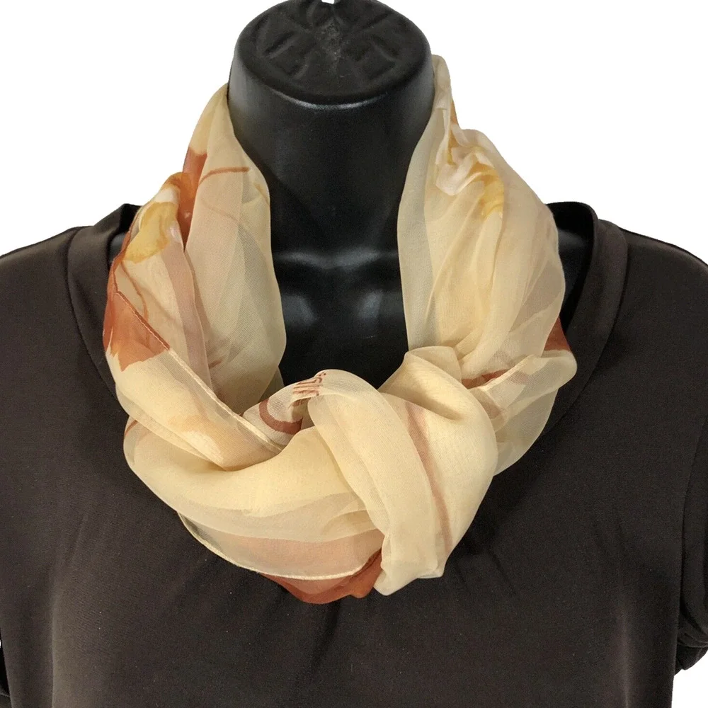 Regina Schrecker Rectangle Scarf Floral Tan Brown Sheer Vintage Retro Italian